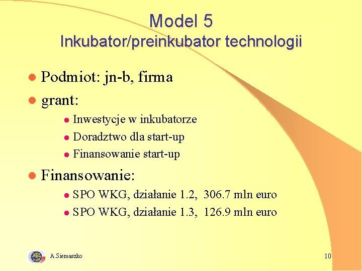 Model 5 Inkubator/preinkubator technologii Podmiot: jn-b, firma l grant: l Inwestycje w inkubatorze l