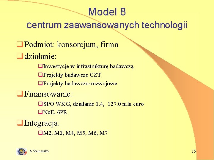 Model 8 centrum zaawansowanych technologii q Podmiot: konsorcjum, firma q działanie: q. Inwestycje w