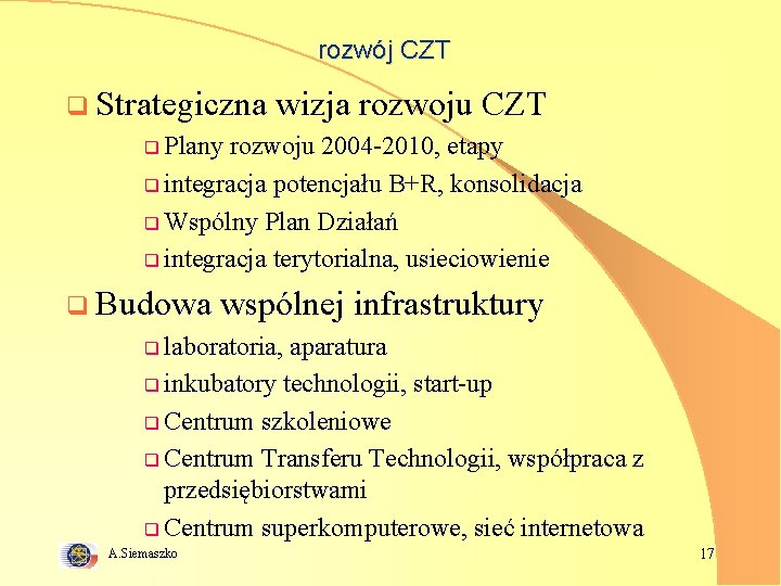 rozwój CZT q Strategiczna wizja rozwoju CZT q Plany rozwoju 2004 -2010, etapy q