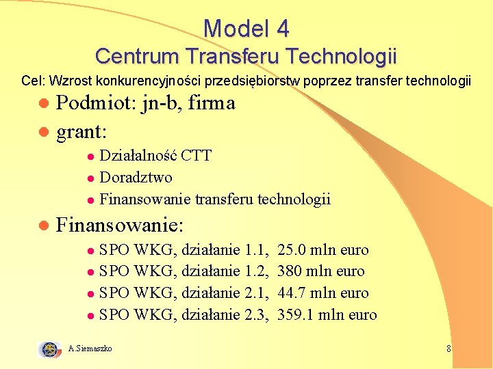 Model 4 Centrum Transferu Technologii Cel: Wzrost konkurencyjności przedsiębiorstw poprzez transfer technologii Podmiot: jn-b,