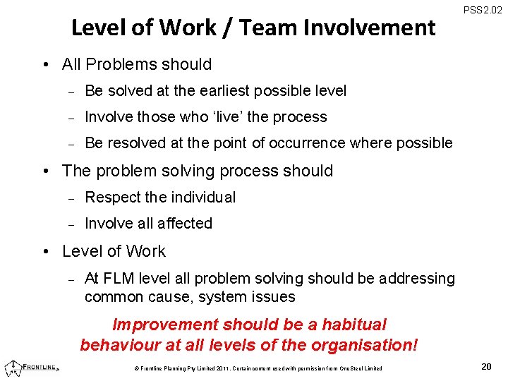 Level of Work / Team Involvement PSS 2. 02 • All Problems should -