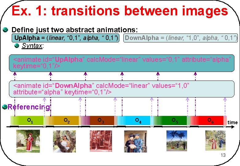 Ex. 1: transitions between images Define just two abstract animations: Up. Alpha = (linear, Ex. 1: transitions between images Define just two abstract animations: Up. Alpha = (linear,