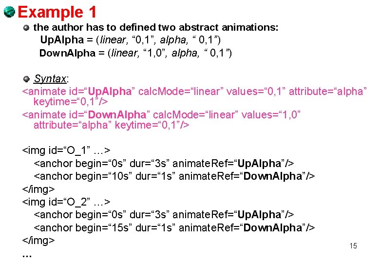 Example 1 the author has to defined two abstract animations: Up. Alpha = (linear, Example 1 the author has to defined two abstract animations: Up. Alpha = (linear,
