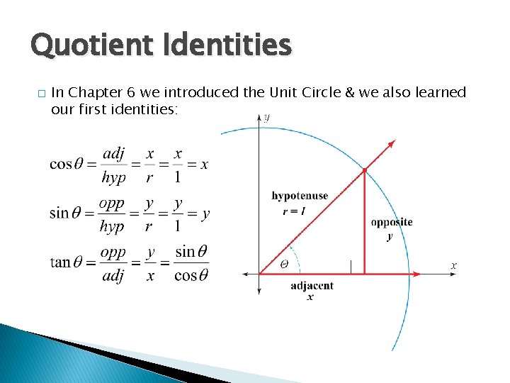 Quotient Identities � In Chapter 6 we introduced the Unit Circle & we also