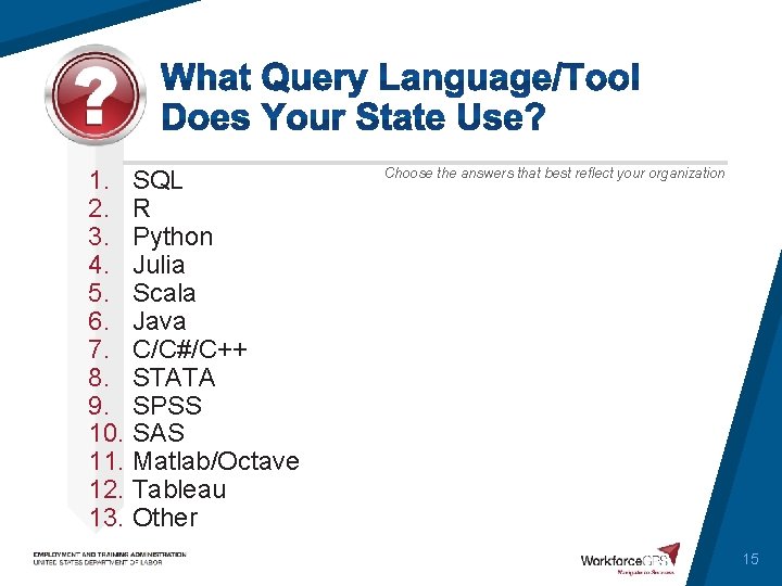 1. SQL 2. R 3. Python 4. Julia 5. Scala 6. Java 7. C/C#/C++