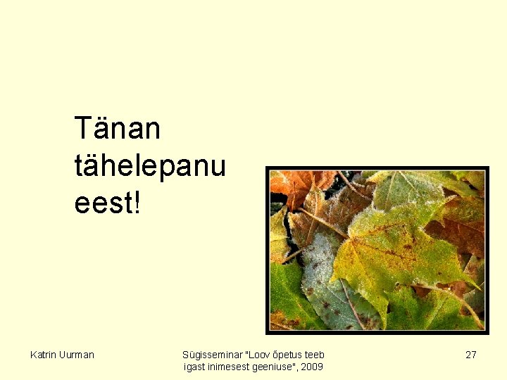 Tänan tähelepanu eest! Katrin Uurman Sügisseminar "Loov õpetus teeb igast inimesest geeniuse", 2009 27