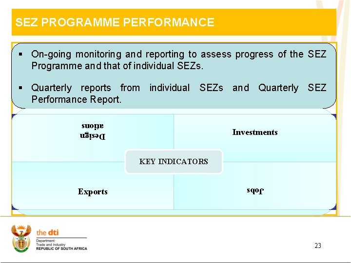 SEZ PROGRAMME PERFORMANCE § On-going monitoring and reporting to assess progress of the SEZ