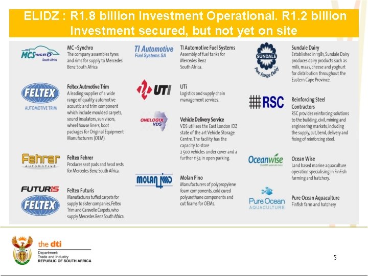 ELIDZ : R 1. 8 billion Investment Operational. R 1. 2 billion Investment secured,