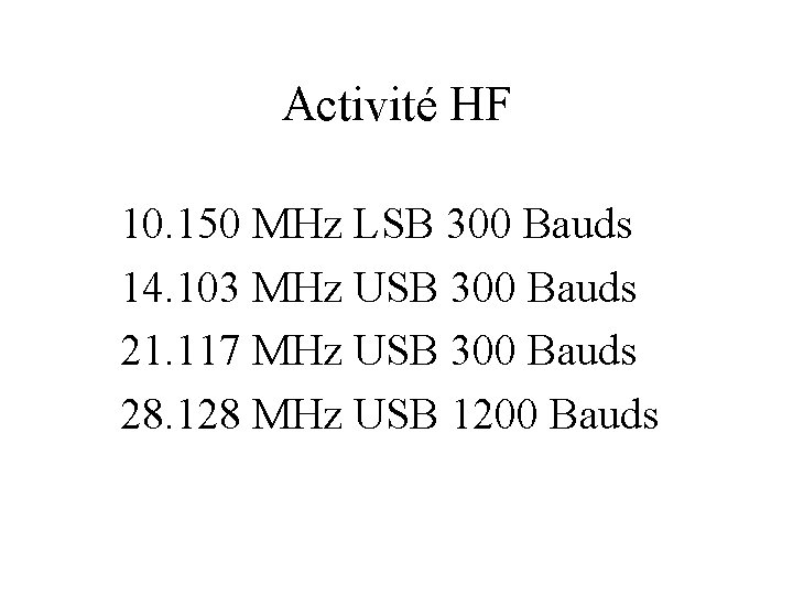 Activité HF 10. 150 MHz LSB 300 Bauds 14. 103 MHz USB 300 Bauds