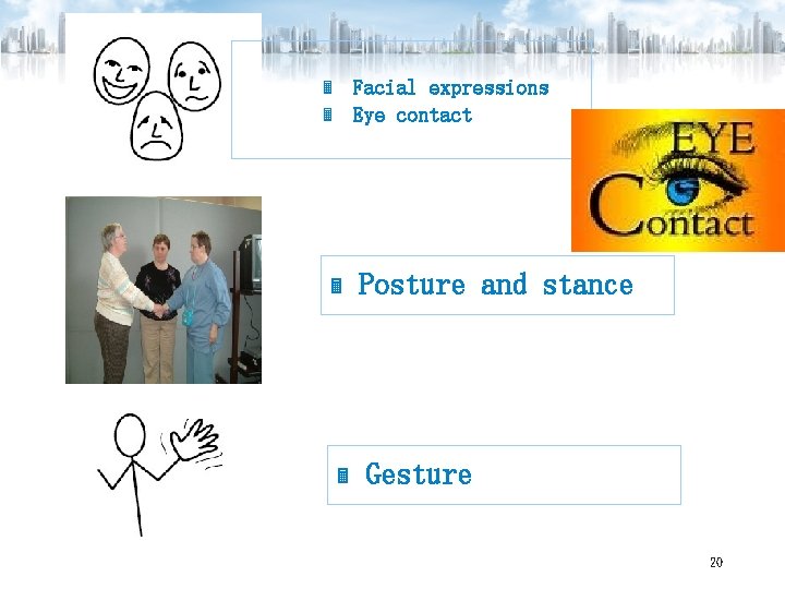 Facial expressions Eye contact Posture and stance Gesture 20 