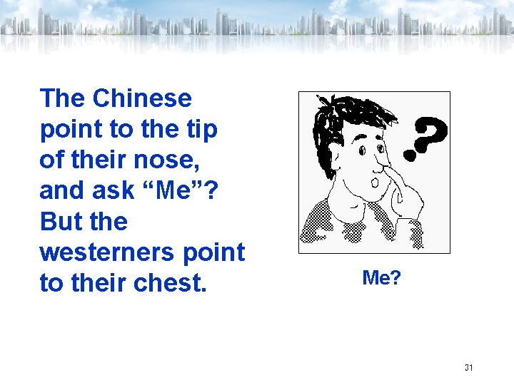 The Chinese point to the tip of their nose, and ask “Me”? But the