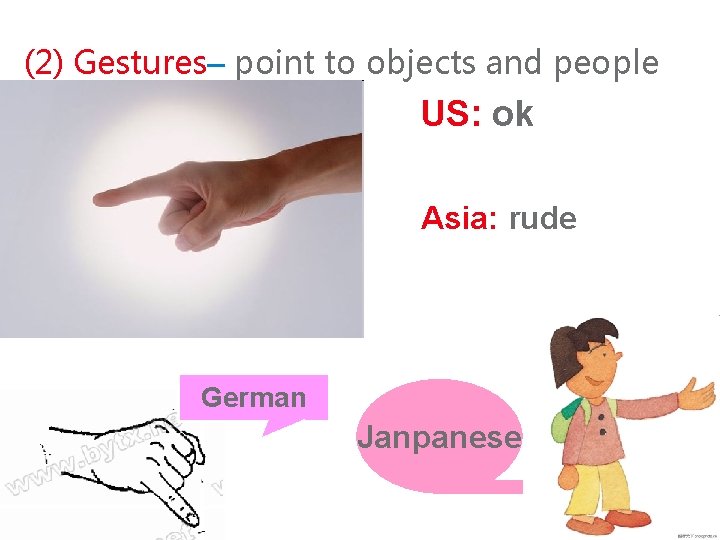 (2) Gestures– point to objects and people US: ok Asia: rude German Janpanese 