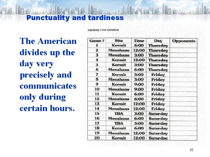 Punctuality and tardiness The American divides up the day very precisely and communicates only