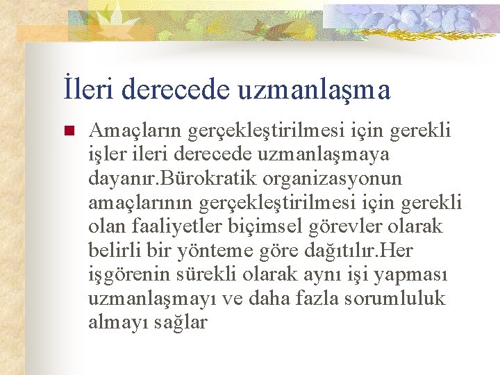 İleri derecede uzmanlaşma n Amaçların gerçekleştirilmesi için gerekli işler ileri derecede uzmanlaşmaya dayanır. Bürokratik