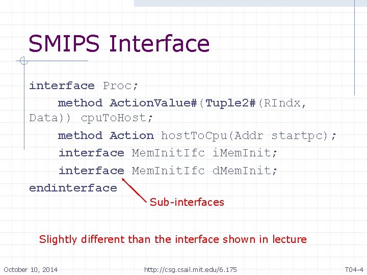 SMIPS Interface interface Proc; method Action. Value#(Tuple 2#(RIndx, Data)) cpu. To. Host; method Action