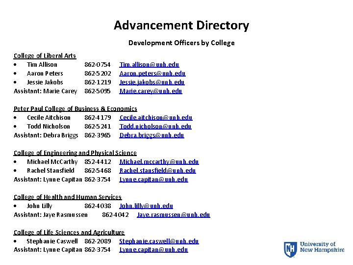 Advancement Directory Development Officers by College of Liberal Arts Tim Allison Aaron Peters Jessie