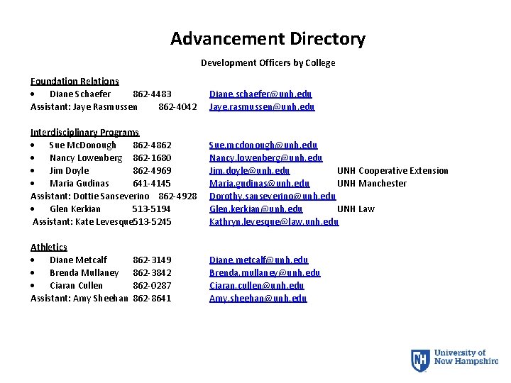 Advancement Directory Development Officers by College Foundation Relations Diane Schaefer 862 -4483 Assistant: Jaye