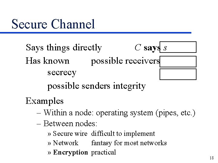 Secure Channel Says things directly C says s Has known possible receivers secrecy possible