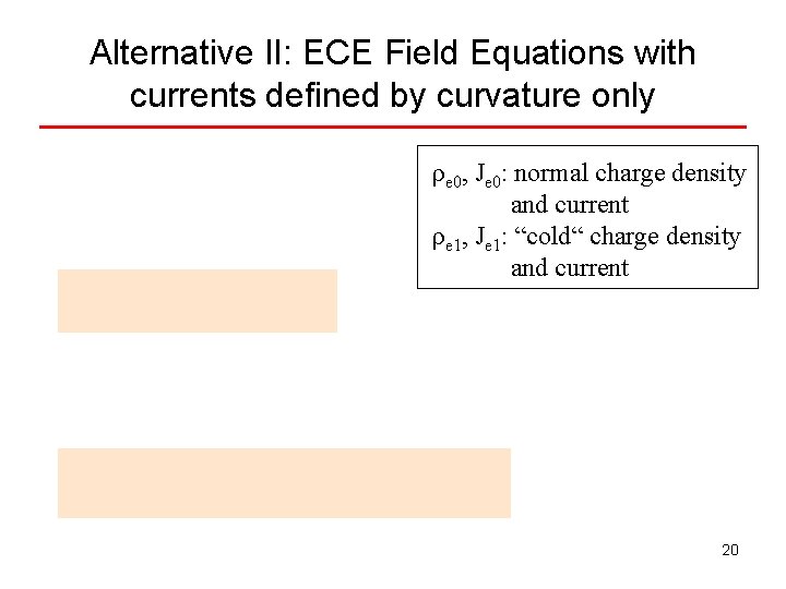 Alternative II: ECE Field Equations with currents defined by curvature only ρe 0, Je