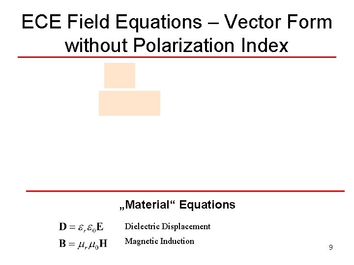 ECE Field Equations – Vector Form without Polarization Index „Material“ Equations Dielectric Displacement Magnetic