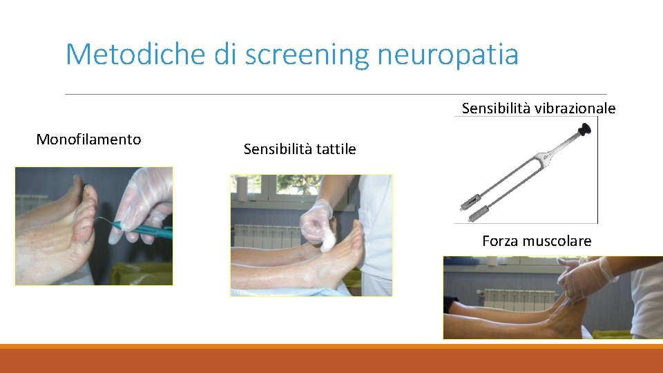 Metodiche di screening neuropatia Sensibilità vibrazionale Monofilamento Sensibilità tattile Forza muscolare 