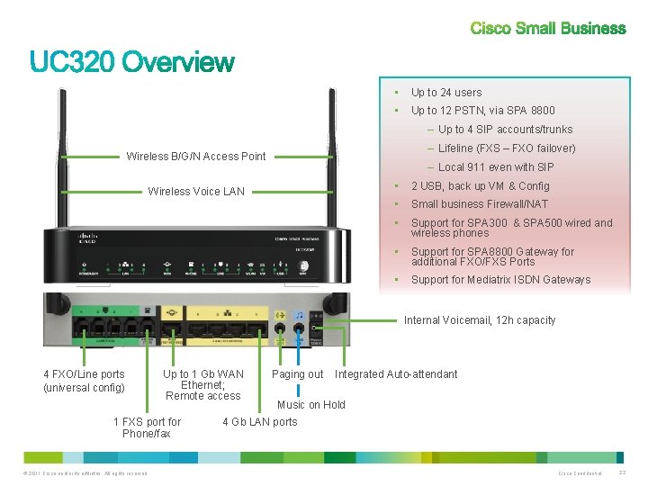  • Up to 24 users • Up to 12 PSTN, via SPA 8800