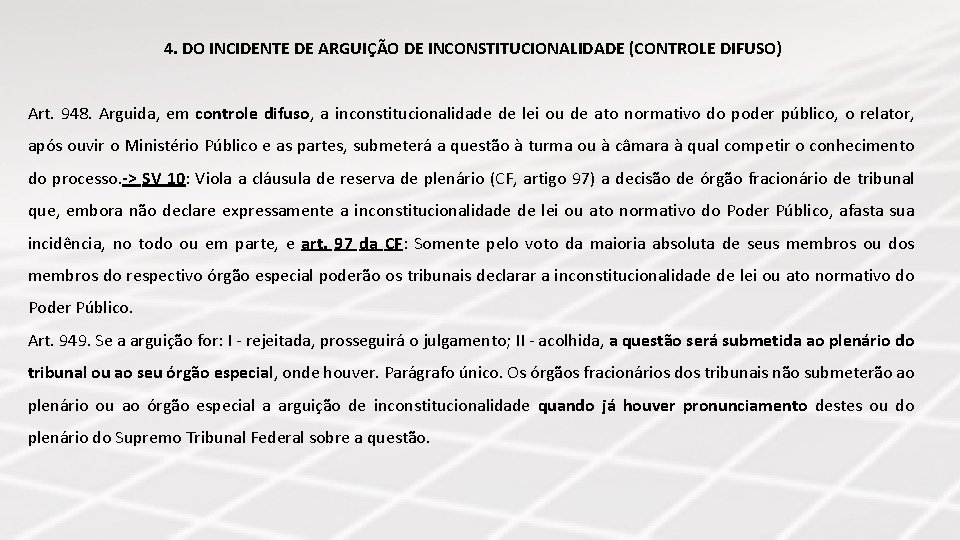 4. DO INCIDENTE DE ARGUIÇÃO DE INCONSTITUCIONALIDADE (CONTROLE DIFUSO) Art. 948. Arguida, em controle