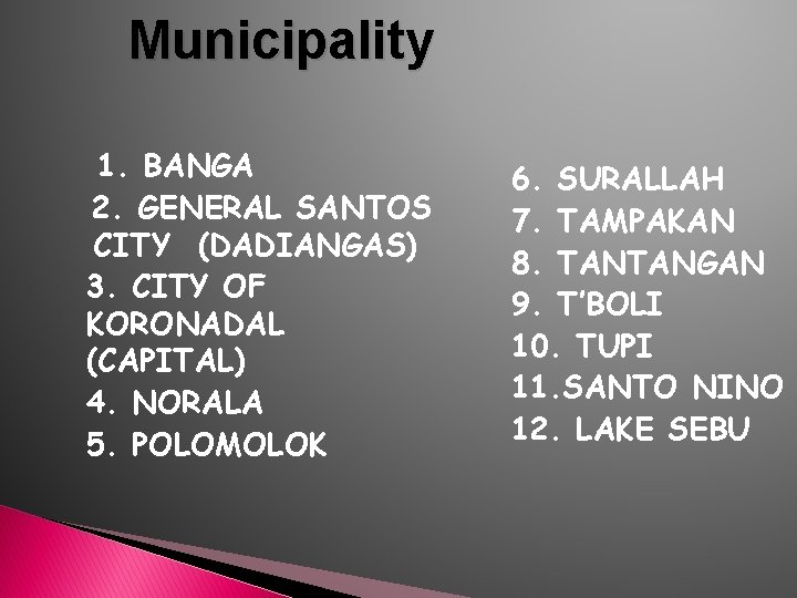 Municipality 1. BANGA 2. GENERAL SANTOS CITY (DADIANGAS) 3. CITY OF KORONADAL (CAPITAL) 4.