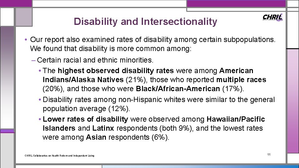 Disability and Intersectionality • Our report also examined rates of disability among certain subpopulations.