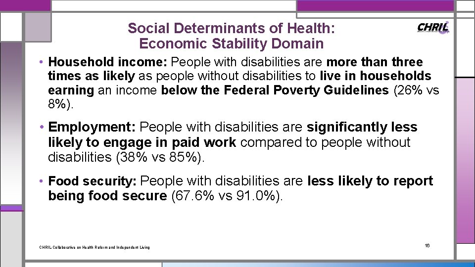 Social Determinants of Health: Economic Stability Domain • Household income: People with disabilities are