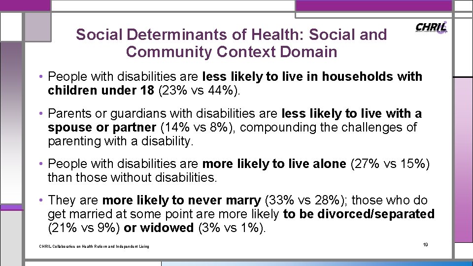 Social Determinants of Health: Social and Community Context Domain • People with disabilities are