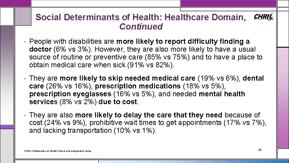 Social Determinants of Health: Healthcare Domain, Continued - People with disabilities are more likely