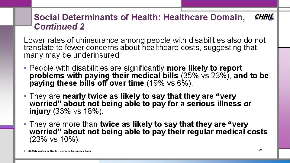 Social Determinants of Health: Healthcare Domain, Continued 2 Lower rates of uninsurance among people