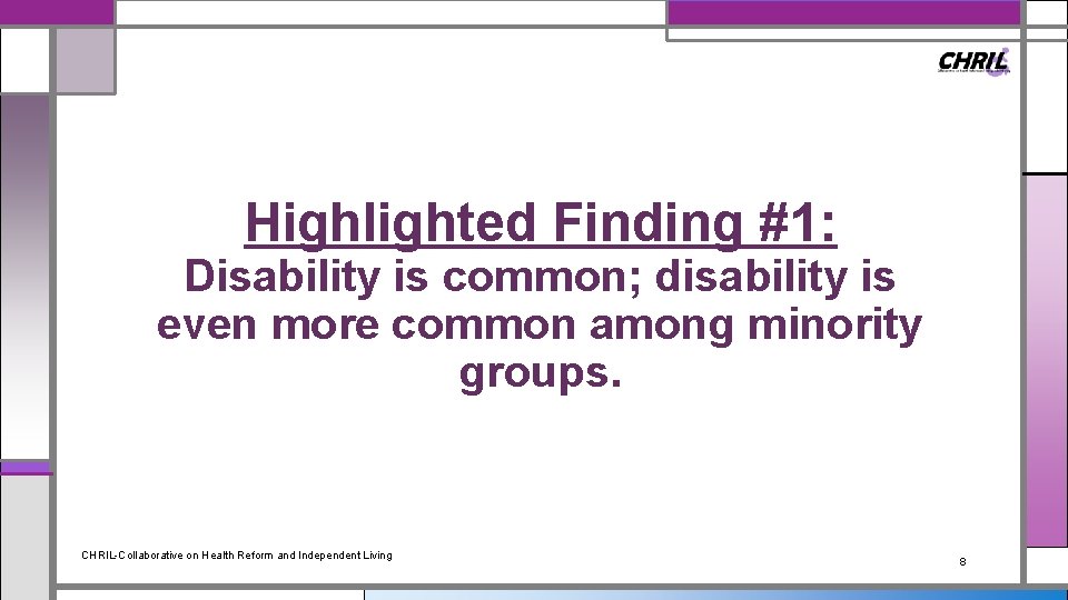 Highlighted Finding #1: Disability is common; disability is even more common among minority groups.