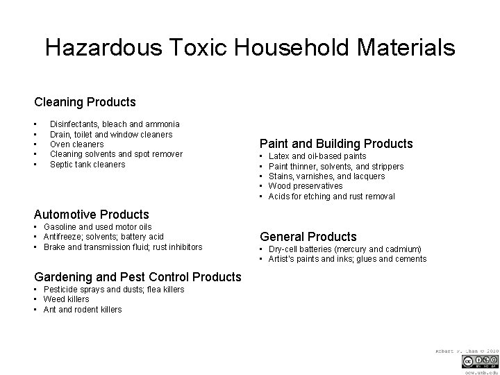 Hazardous Toxic Household Materials Cleaning Products • • • Disinfectants, bleach and ammonia Drain,