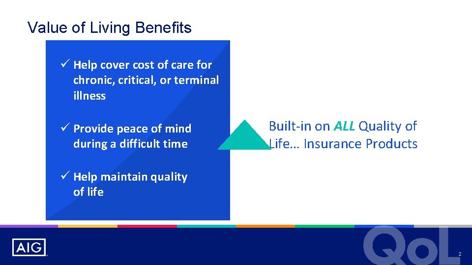 Value of Living Benefits ü Help cover cost of care for chronic, critical, or