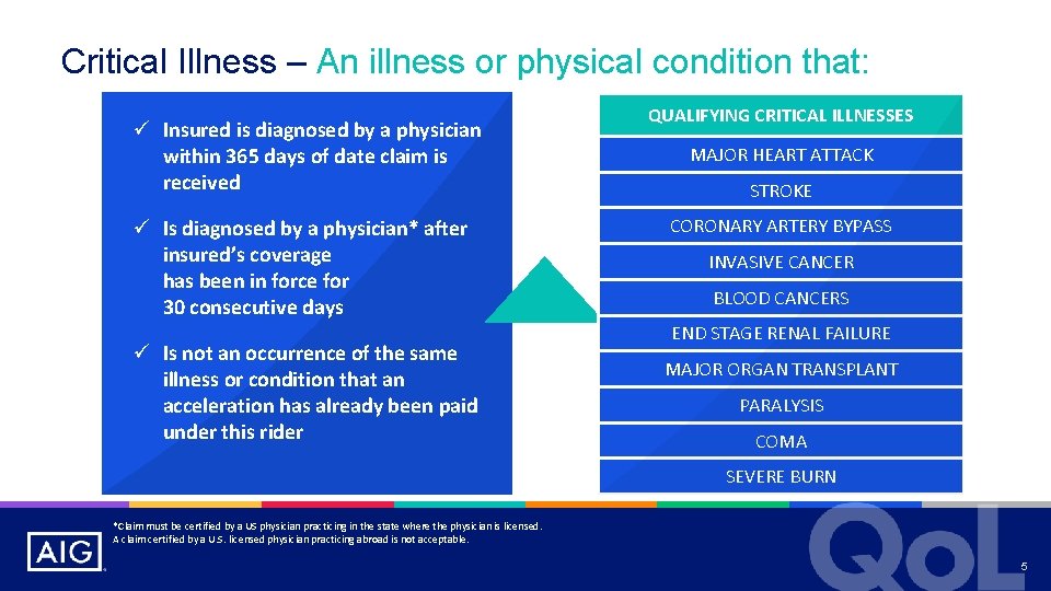 Critical Illness – An illness or physical condition that: ü Insured is diagnosed by