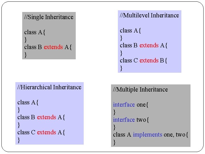//Single Inheritance //Multilevel Inheritance class A{ } class B extends A{ } class C