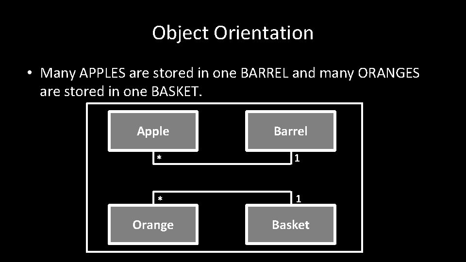 Object Orientation • Many APPLES are stored in one BARREL and many ORANGES are