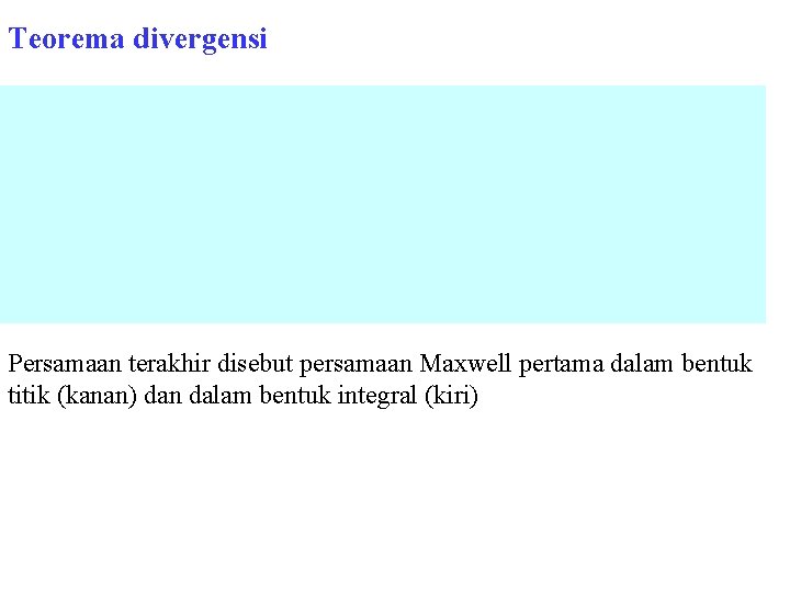 Teorema divergensi Persamaan terakhir disebut persamaan Maxwell pertama dalam bentuk titik (kanan) dan dalam