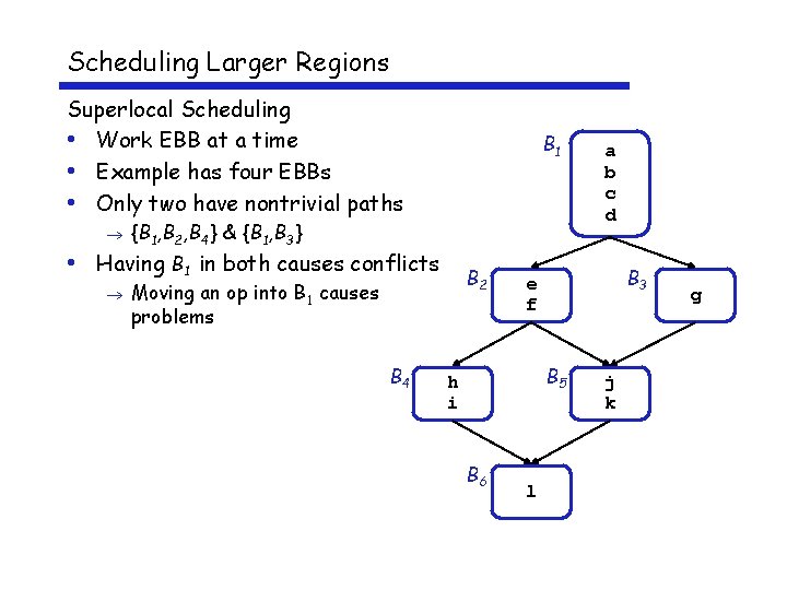Scheduling Larger Regions Superlocal Scheduling • Work EBB at a time • Example has