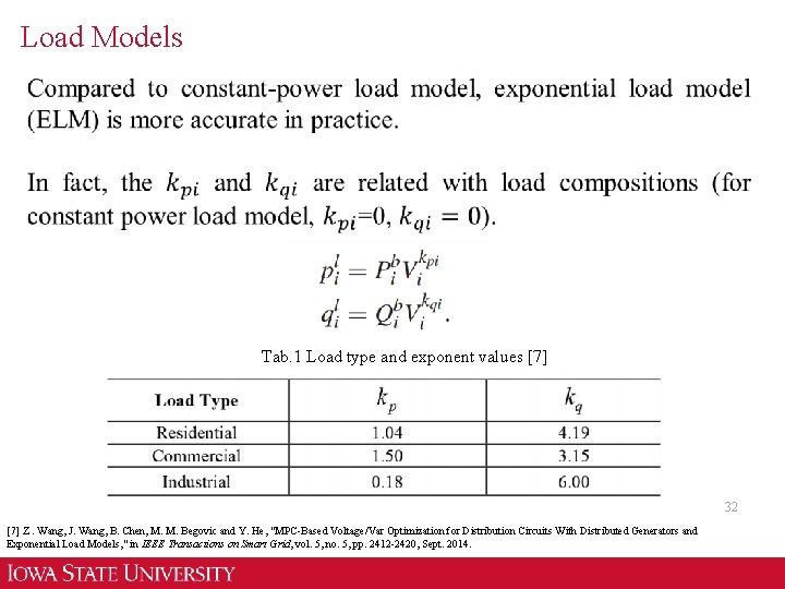 Load Models Tab. 1 Load type and exponent values [7] 32 [7] Z. Wang,
