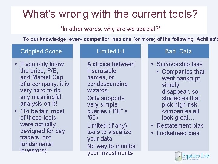 What's wrong with the current tools? "In other words, why are we special? "