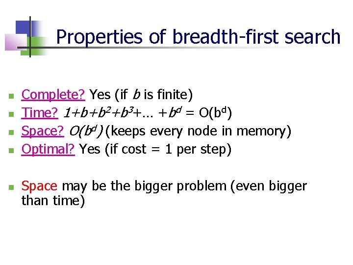 Properties of breadth-first search Complete? Yes (if b is finite) Time? 1+b+b 2+b 3+…