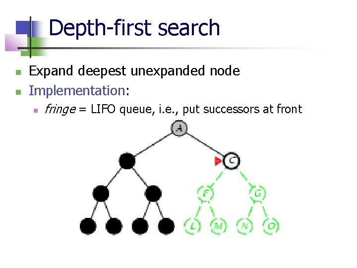 Depth-first search Expand deepest unexpanded node Implementation: fringe = LIFO queue, i. e. ,