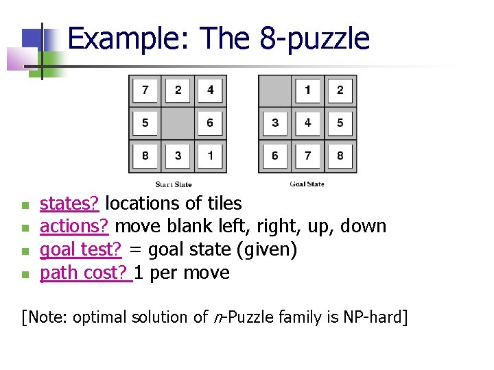 Example: The 8 -puzzle states? locations of tiles actions? move blank left, right, up,