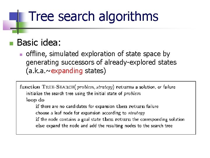 Tree search algorithms Basic idea: offline, simulated exploration of state space by generating successors
