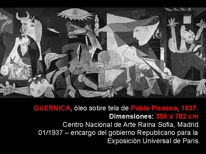 GUERNICA, óleo sobre tela de Pablo Picasso, 1937. Dimensiones: 350 x 782 cm Centro