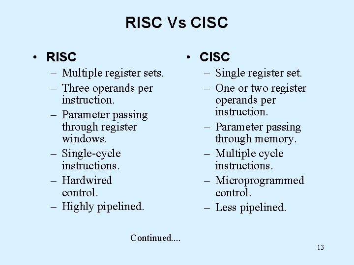 RISC Vs CISC • RISC • CISC – Multiple register sets. – Three operands