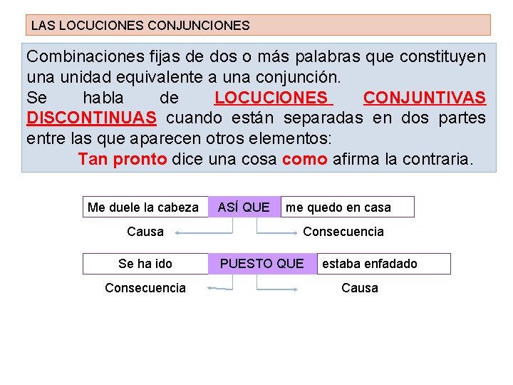 LAS LOCUCIONES CONJUNCIONES Combinaciones fijas de dos o más palabras que constituyen una unidad